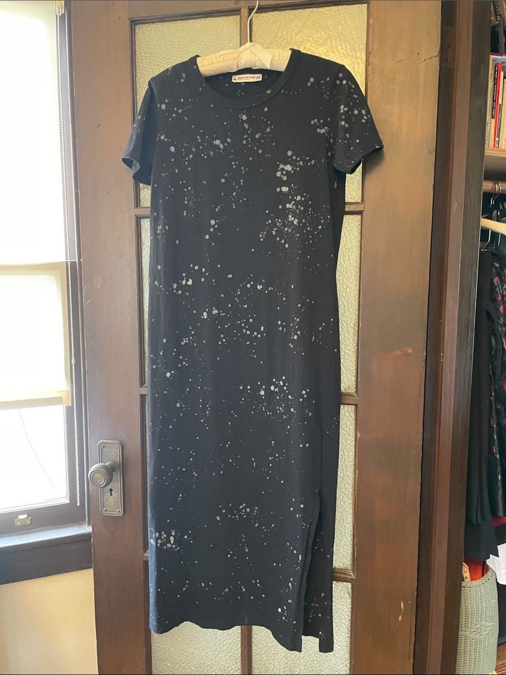 American Giant Black Midi T-Shirt Dress with Gray Splatter